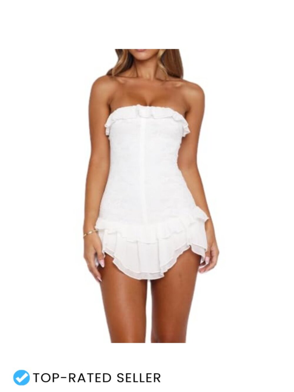 Women Y2K Strapless Lace Mini Dress Ruffle Hem Backless Bodycon Party Club